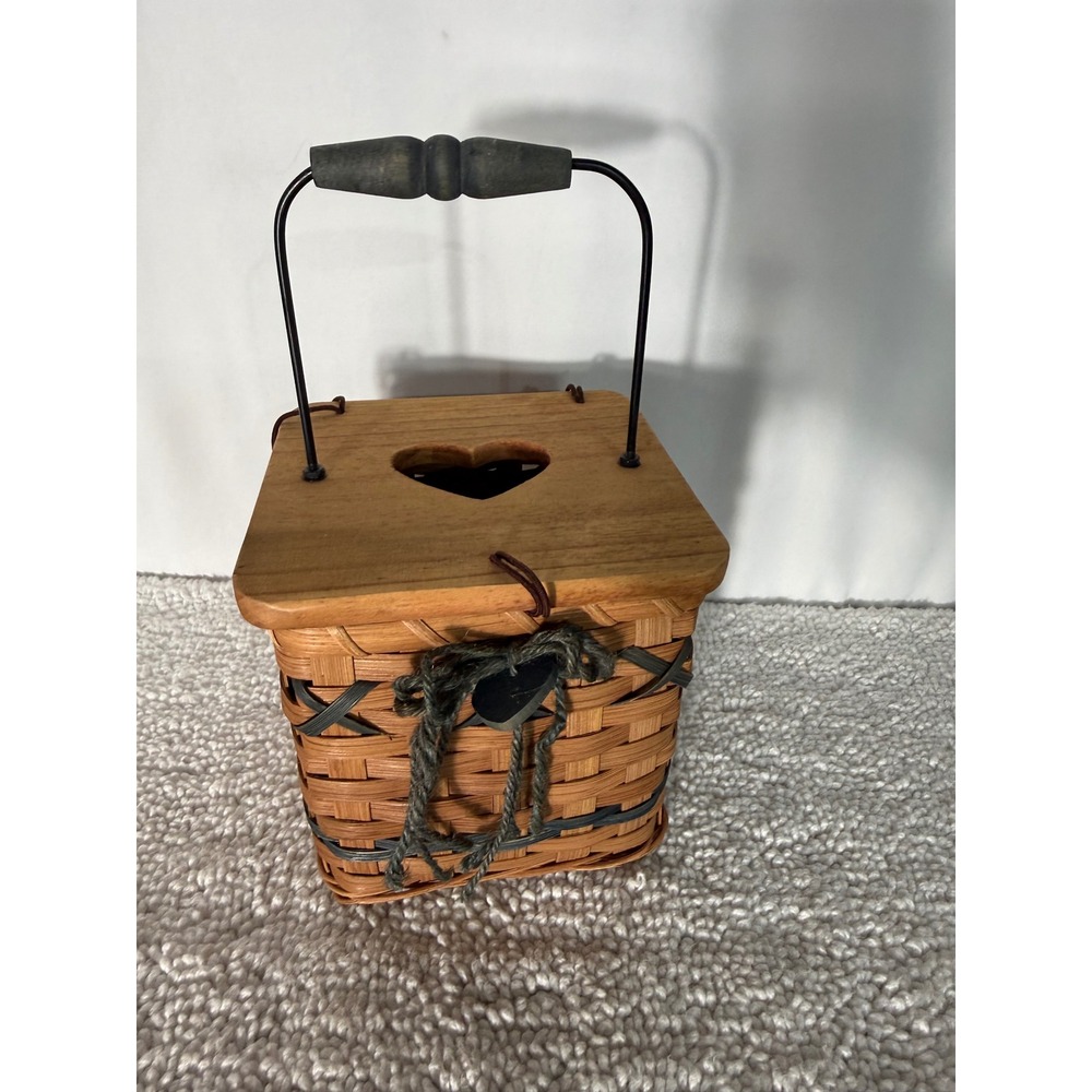 Vintage Rustic Woven Square Kleenex Basket with Wood Heart Lid and Metal Handle